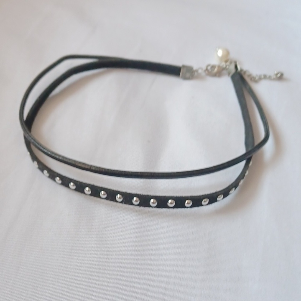4/$40 Black Studded Double-Strand Choker Necklace with Pearl Charm